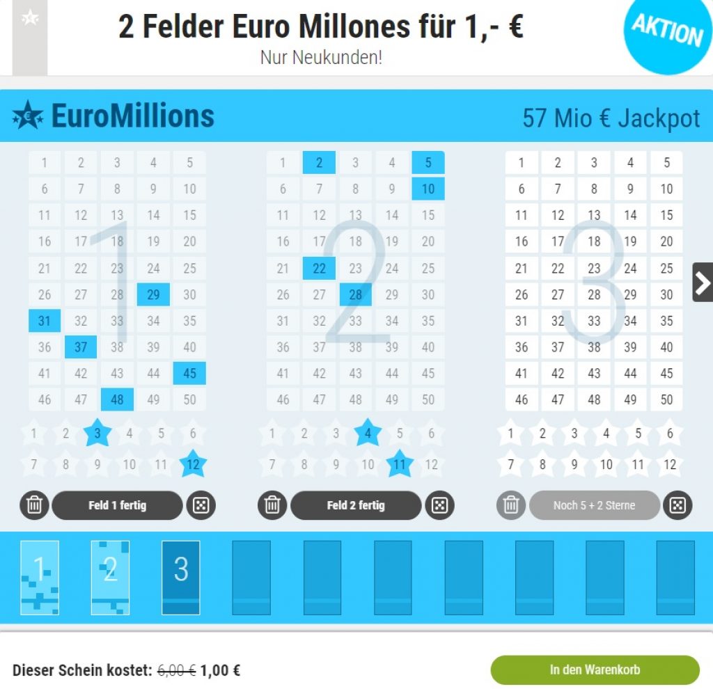Tipp24 Euro Millions Gutschein - 2 Felder 1 Euro